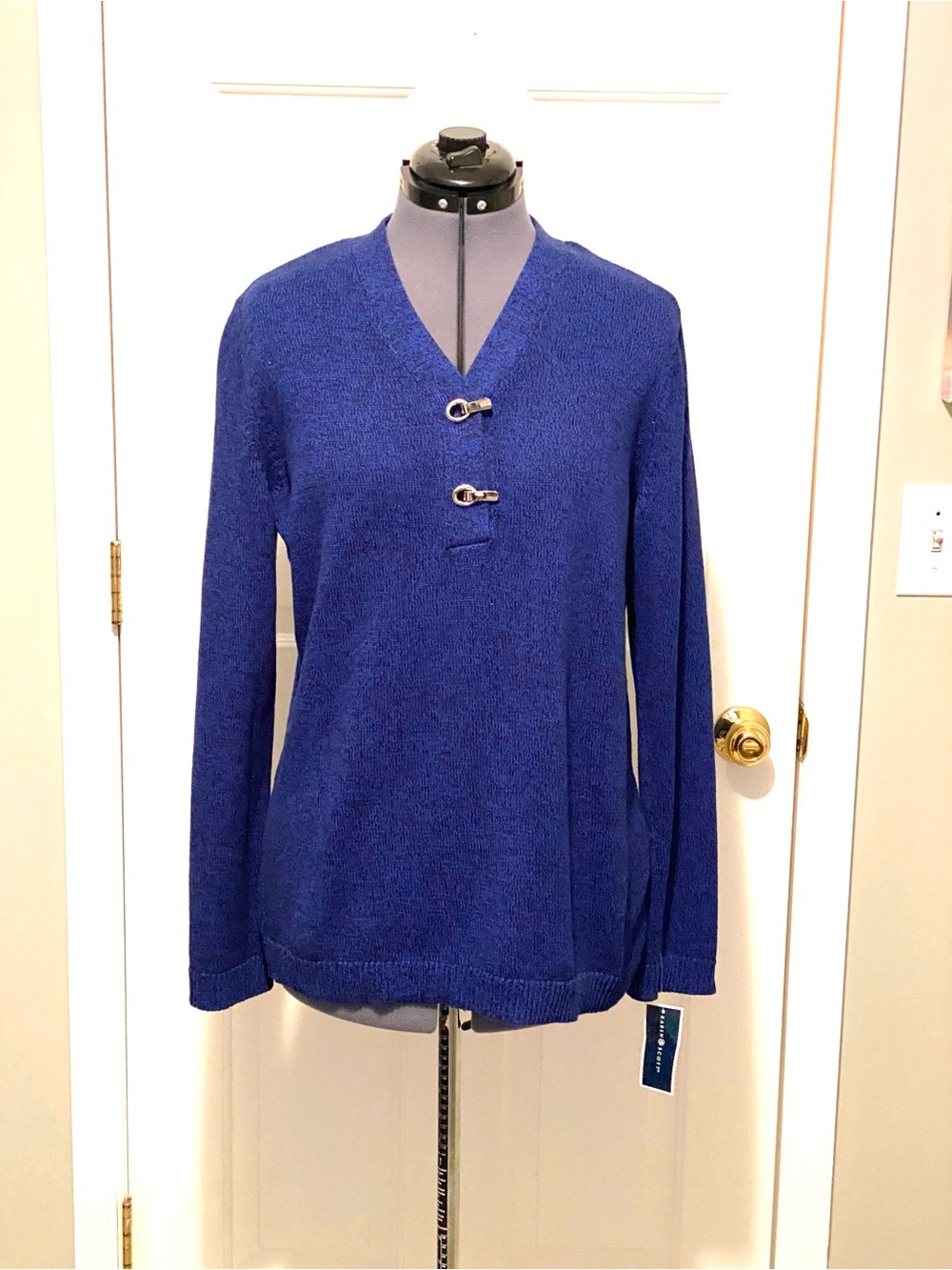 Karen Scott Henley Sweater Large Midnight Marl Blue Silver Toggle NWT 131